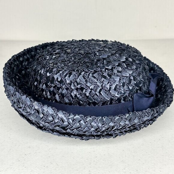 Vintage braided straw‎ 1960’s Ribbon Navy Blue Womens Bowler Clouche Hat - Picture 4 of 7